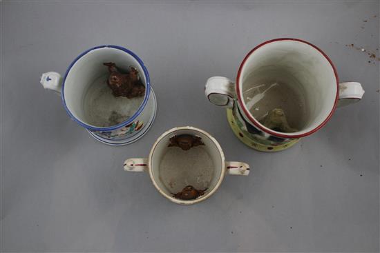 Three Staffordshire pottery frog mugs, late 19th century, 12cm